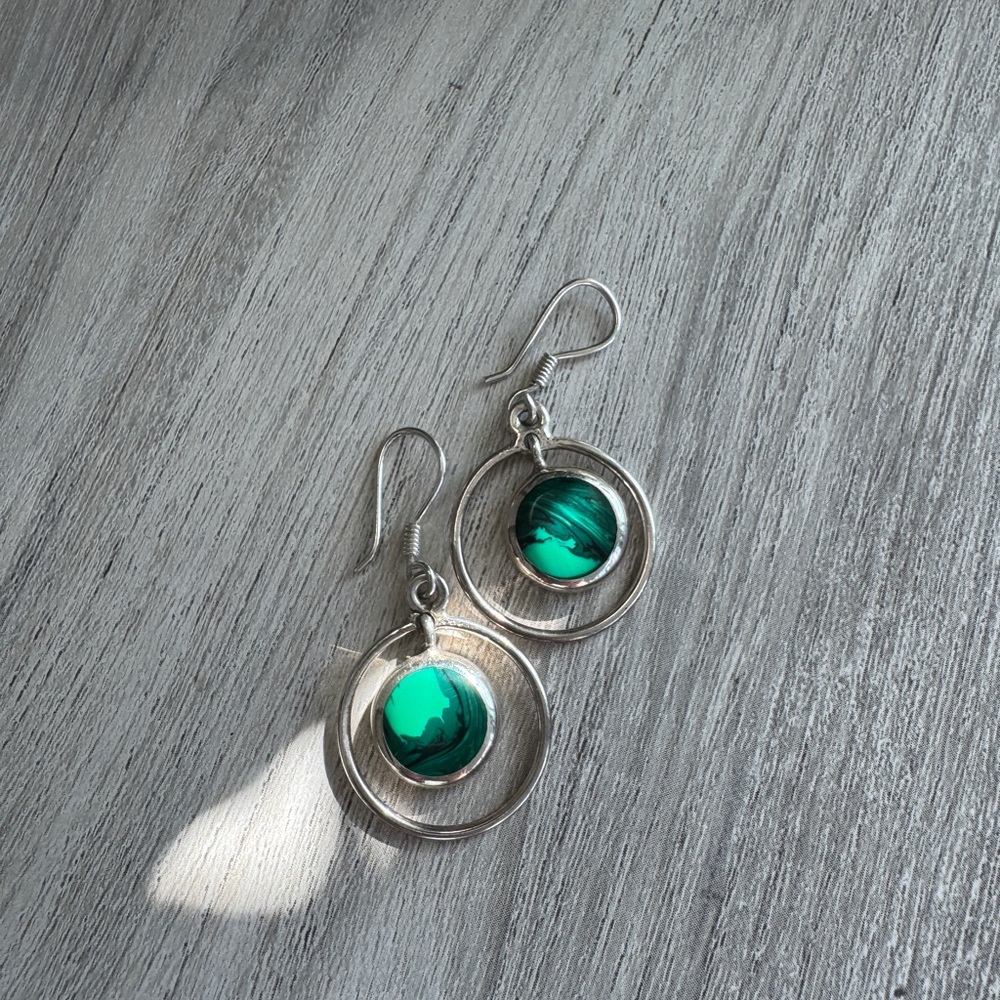 Silver and Green Hoop Earrings